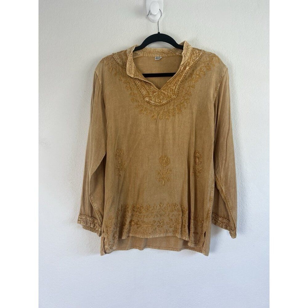 Women Boho Yellow Gold Floral Embroidered Tunic Blouse 3/4 Long Sleeve OS
